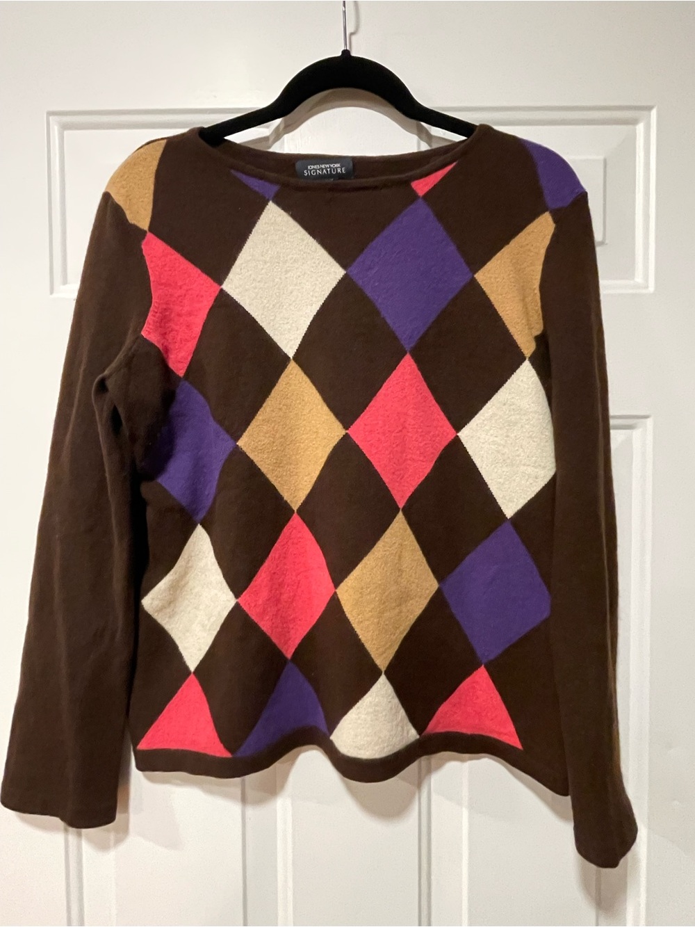 Signature Brown Argyle Sweater with Multicolor Diamond Pattern